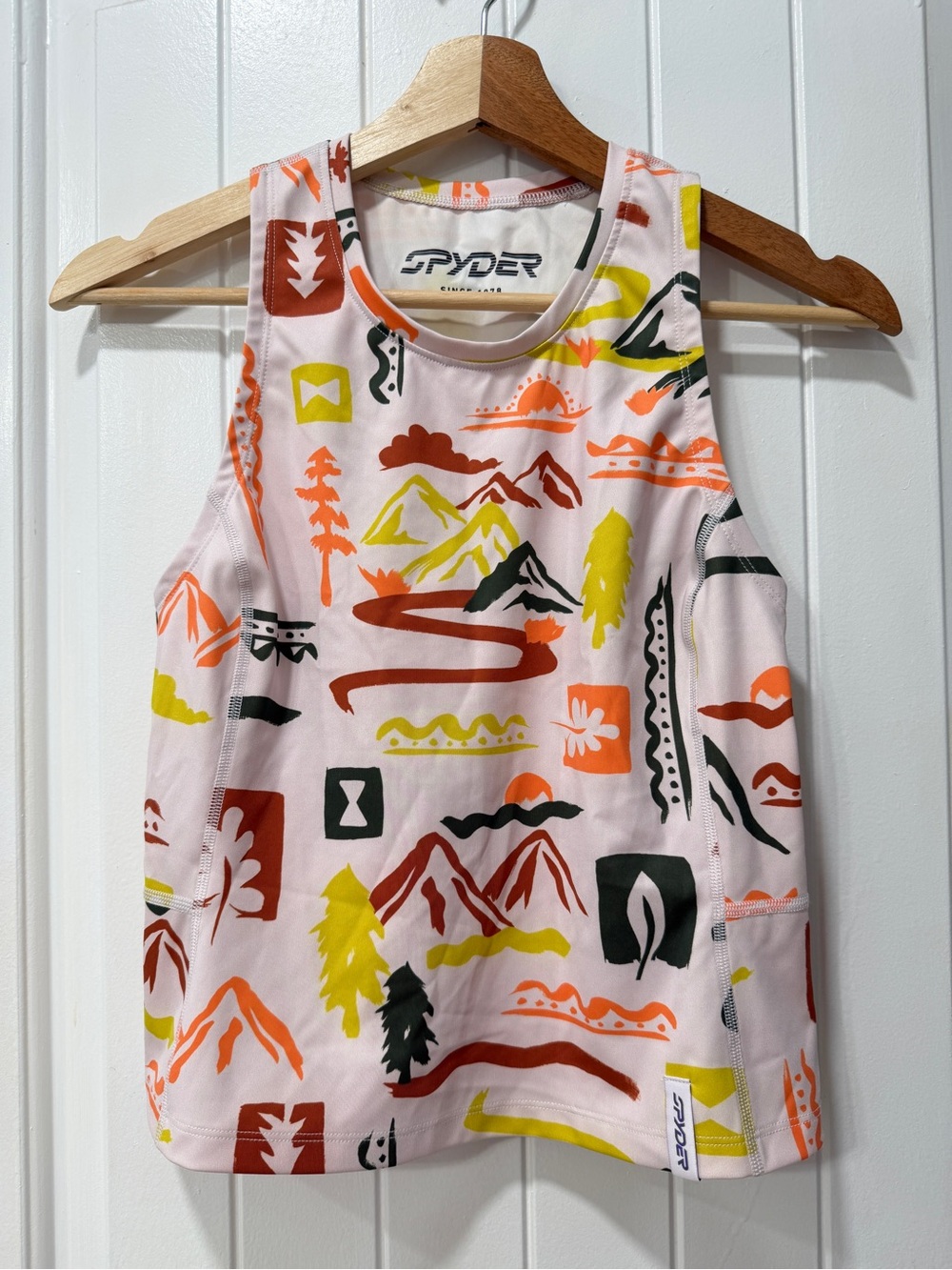 NWOT Spyder Women's Pink Graphic Tank Top with Multicolor Outdoor Print